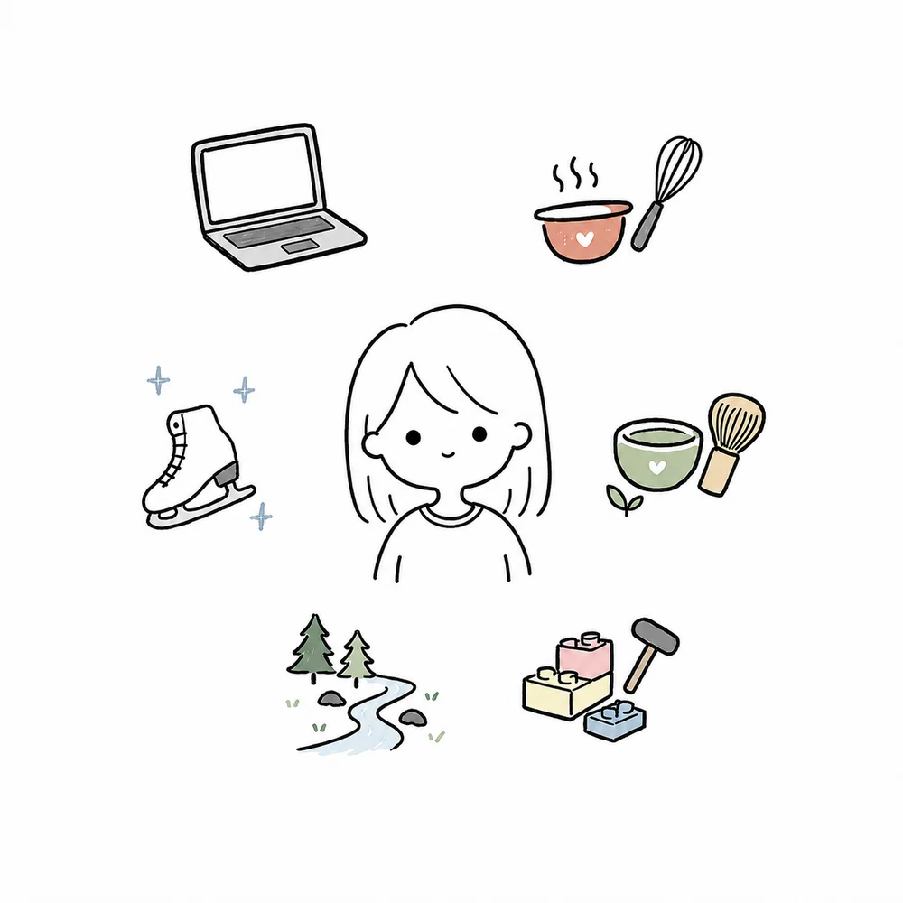 An illustration of Jennifer surrounded by the things she likes: a laptop for UX design, a mixing bowl and whisk for cooking, a matcha bowl and bamboo whisk, ice skates, pine trees beside a river, and building blocks with a hammer.