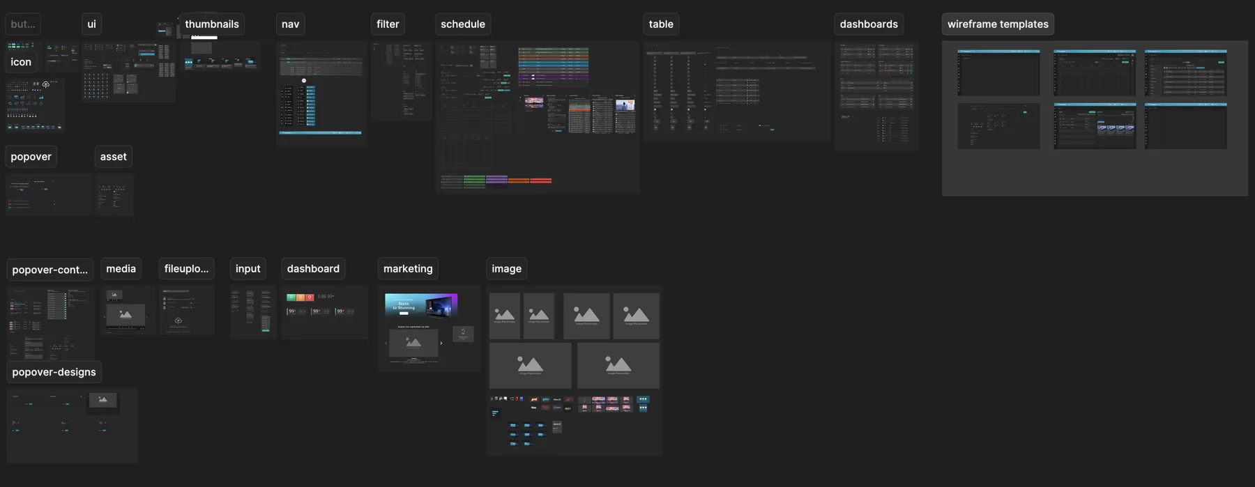 The rebuilt component library organized into labeled groups: buttons, icons, UI, thumbnails, nav, filter, schedule, table, dashboards, media, file upload, input, marketing, image, and wireframe templates.