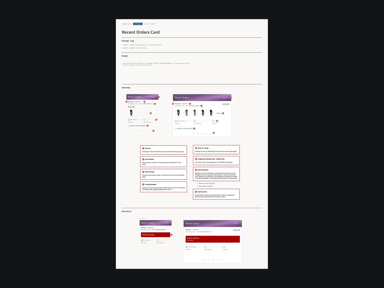 A component documentation page for a Recent Orders card, with a change log, usage notes, an annotated anatomy diagram numbering each interactive element, and error-state variants.