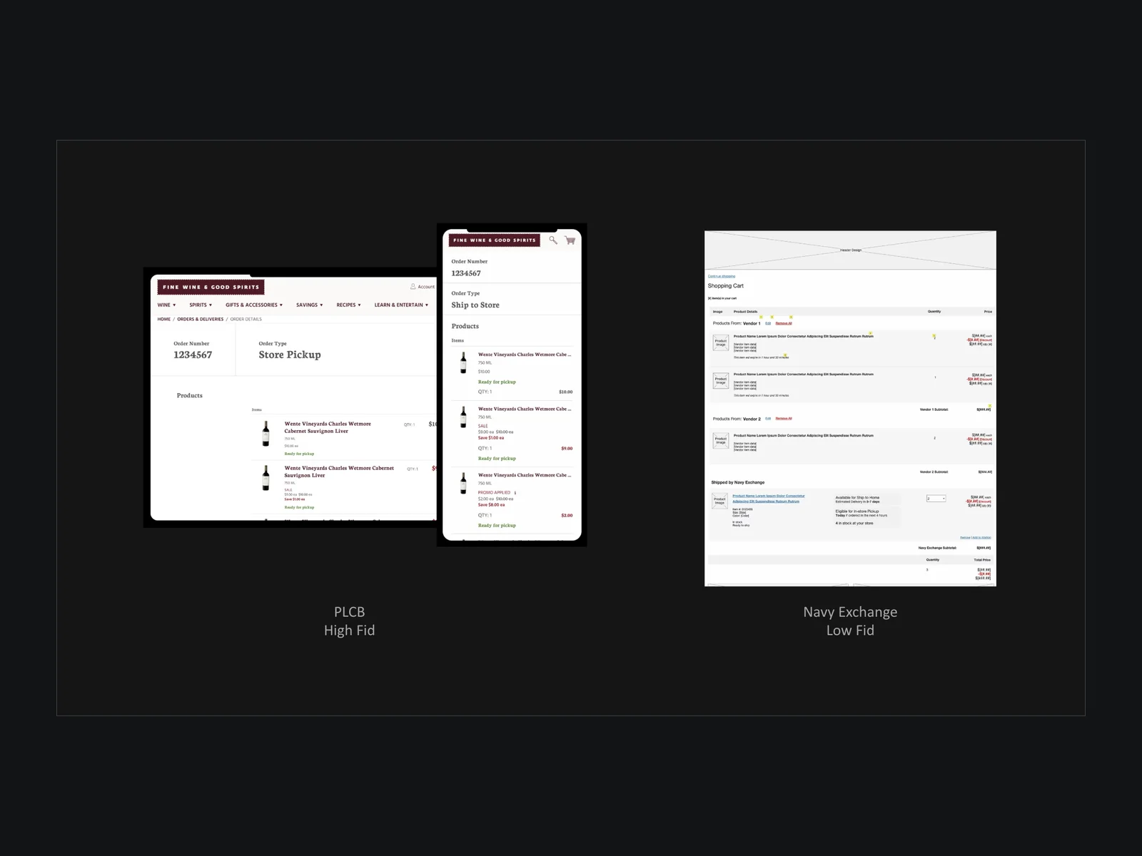 Two client deliverables side by side: a high-fidelity PLCB order-details screen on desktop and mobile, and a low-fidelity Navy Exchange shopping cart wireframe with multi-vendor subtotals.