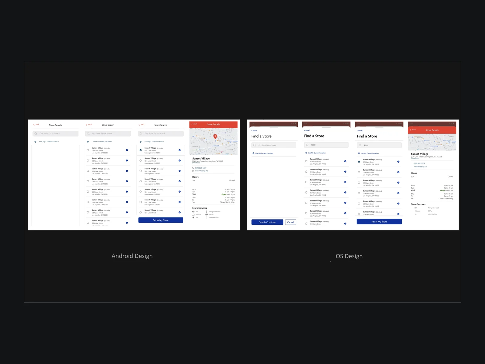 Android and iOS store-search flows side by side: the same find-a-store task designed to each platform’s conventions, ending in a store details screen with map, hours and services.