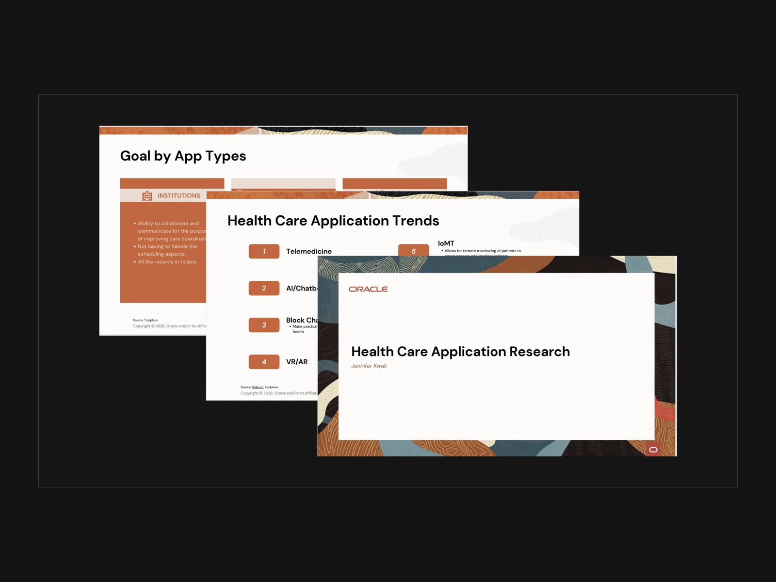 Three slides from a healthcare application research deck: a title slide, a summary of healthcare application trends including telemedicine and AI, and goals broken down by application type.