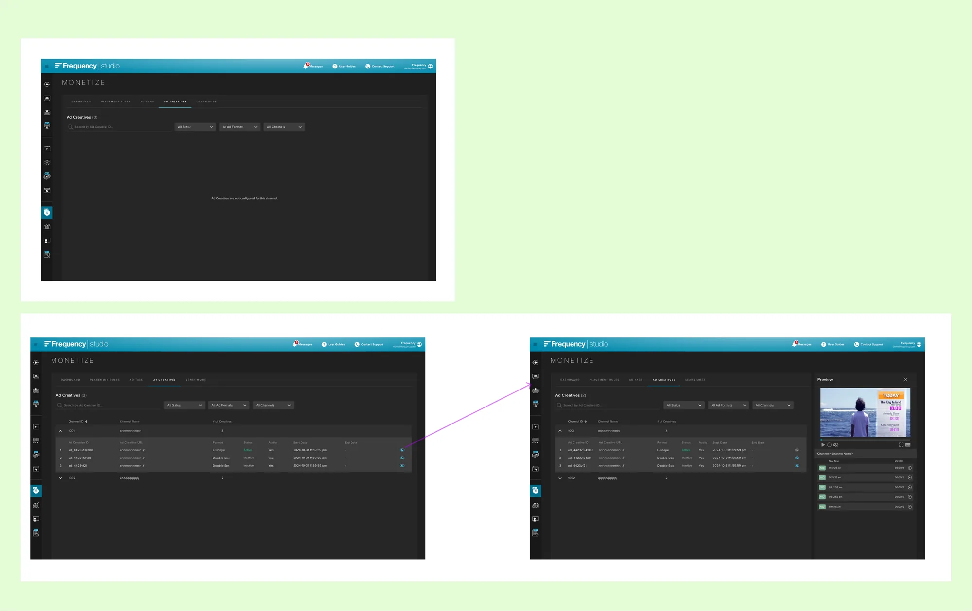 Ad creatives screens in Figma: empty state, expandable per-channel creative list, and a preview panel with a video player for validating rendered ads.