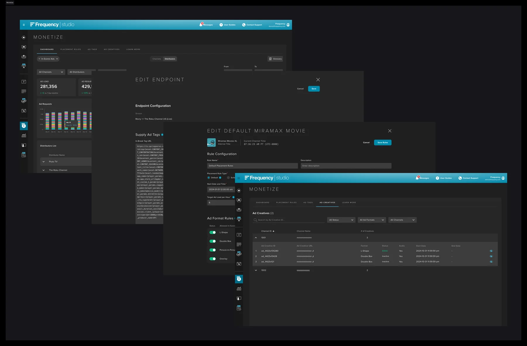 Overlapping screens from the Monetize module: the distributor dashboard with ad-load and fill-rate metrics, an edit-endpoint panel showing supply ad tags, a placement-rule configuration with ad format toggles, and the ad creatives list. All data shown is demo data.