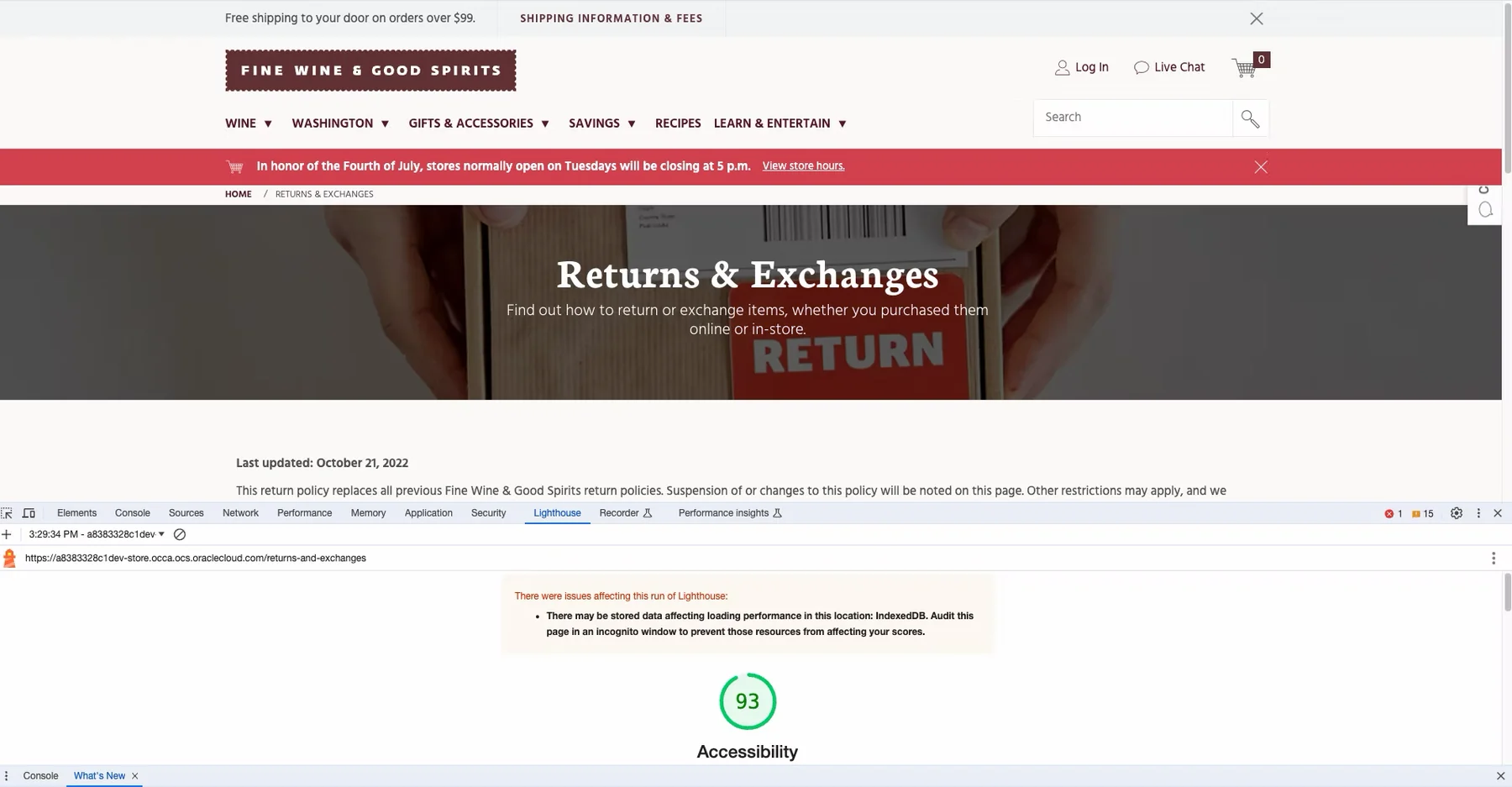 A Lighthouse accessibility audit of the Fine Wine & Good Spirits returns page, scoring 93, run in Chrome DevTools against the staging site.