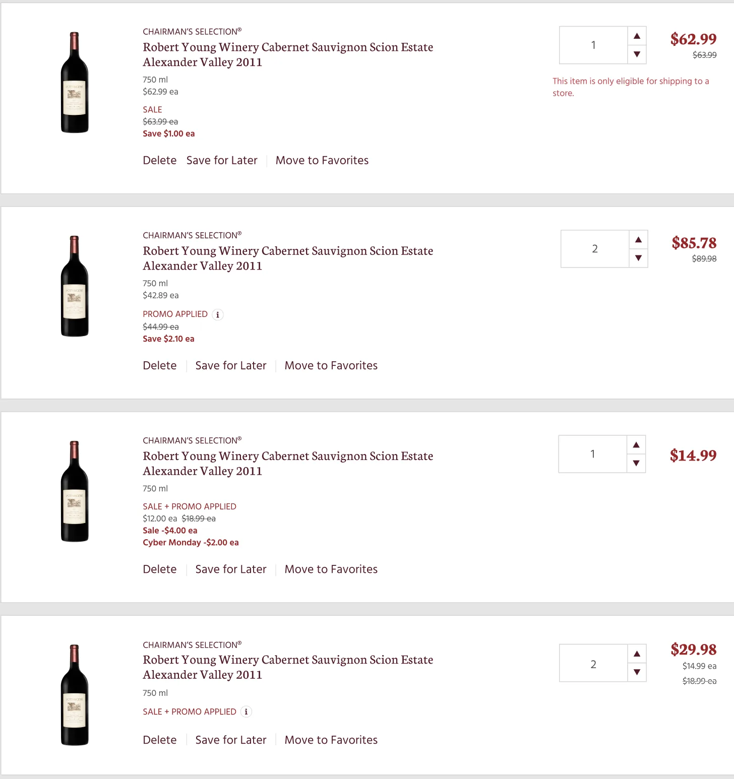 Cart rows on the Fine Wine & Good Spirits site showing several discount states: SALE with a struck-through original price, PROMO APPLIED with an information tooltip icon, and combined SALE plus PROMO rows itemizing each reduction.