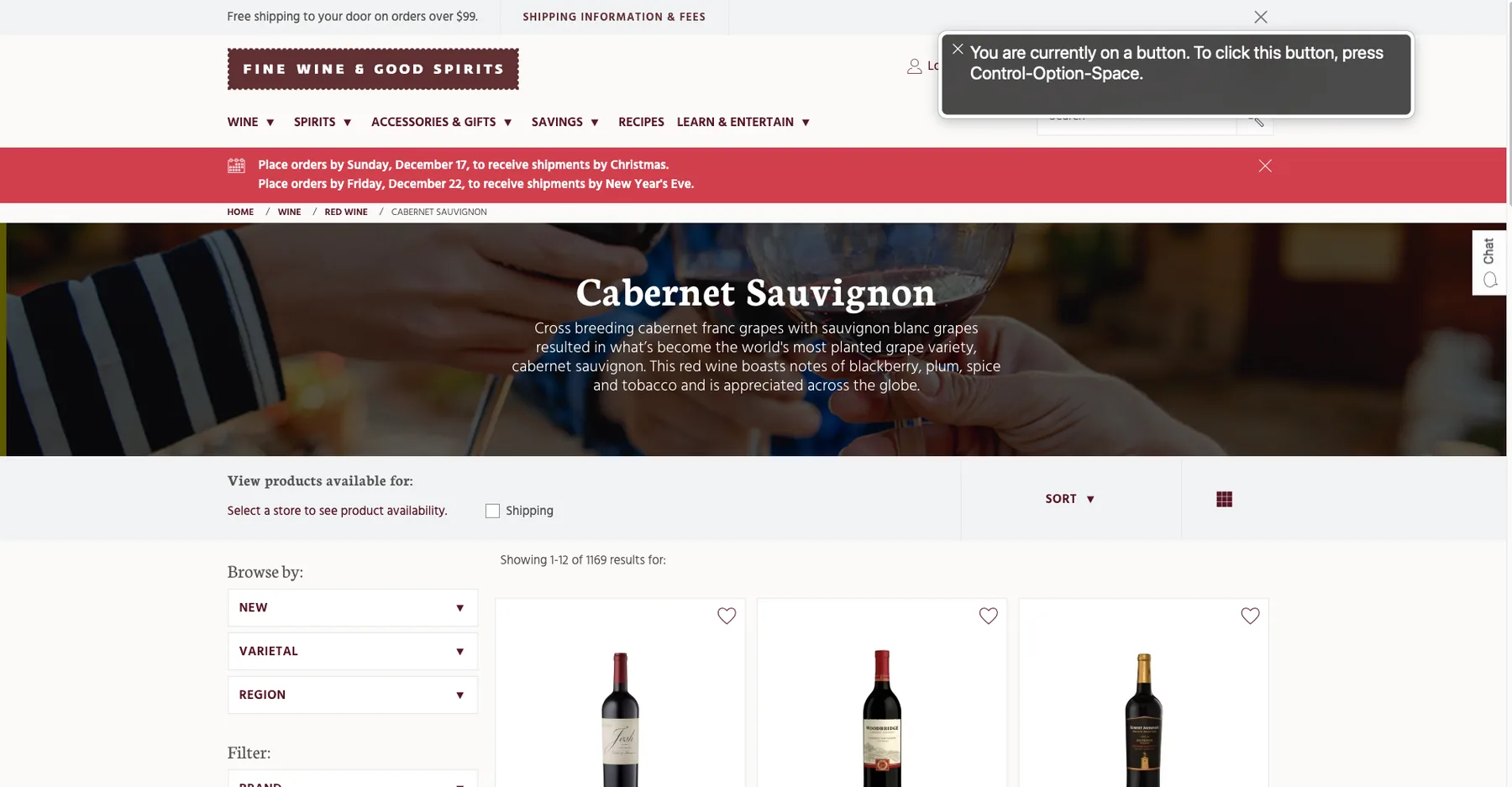 The Fine Wine & Good Spirits category page during screen reader testing, with a VoiceOver announcement overlay reading 'You are currently on a button. To click this button, press Control-Option-Space.'